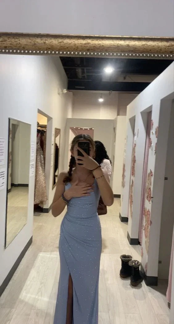 Sparkling Slit Leg Fitted Dress in Powder Blue,Charming Evening Dress Y3076 by simplepromdress
