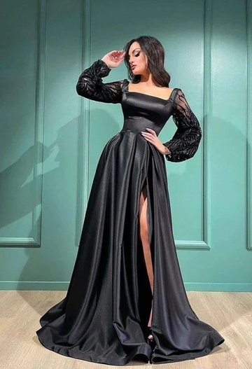 Black High Split Satin Evening Dress Square Collar Puff Long Sleeves Y7093 by simplepromdress