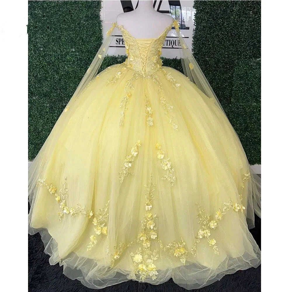 Glitter Yellow Quinceanera Dresses Spaghetti Strap With Wrap Sweet 15 Ball Gowns 3D Flower Bead Y4050 by simplepromdress