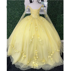Glitter Yellow Quinceanera Dresses Spaghetti Strap With Wrap Sweet 15 Ball Gowns 3D Flower Bead Y4050 by simplepromdress