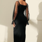 Women Elegant Lantern Sleeve Mesh Patchwork Midi Formal Party Dress Black Short Homecoming Dress Y5529