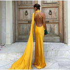 Yellow Satin Backless Off-Shoulder Long Prom Dress Evening Dress Y8466 by simplepromdress