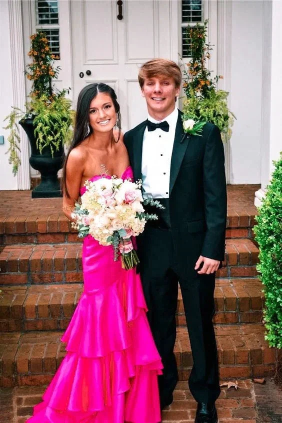 Hot Pink Satin Mermaid Prom Dresses Long Evening Gowns With Tiered Y1577 by simplepromdress