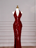 Sexy Burgundy Sequins Halter V Neck Evening Dress Backless Mermaid Evening Dress Y8628 by simplepromdress