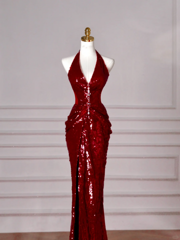 Vestido de noche sexy con lentejuelas burdeos, cuello halter en V, espalda descubierta, corte sirena, Y8628
