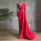 Long Red Satin Evening Dresses Sheer Neckline Long Sleeve Beaded African High Slit Women Formal Prom Dress S24678 by simplepromdress