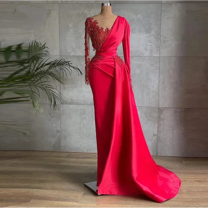 Long Red Satin Evening Dresses Sheer Neckline Long Sleeve Beaded African High Slit Women Formal Prom Dress S24678 by simplepromdress