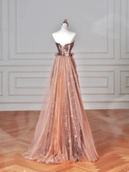Vintage Rose Gold Strapless Tulle Sequins Beaded A Line Prom Dress Evening Dress Y8622 by simplepromdress