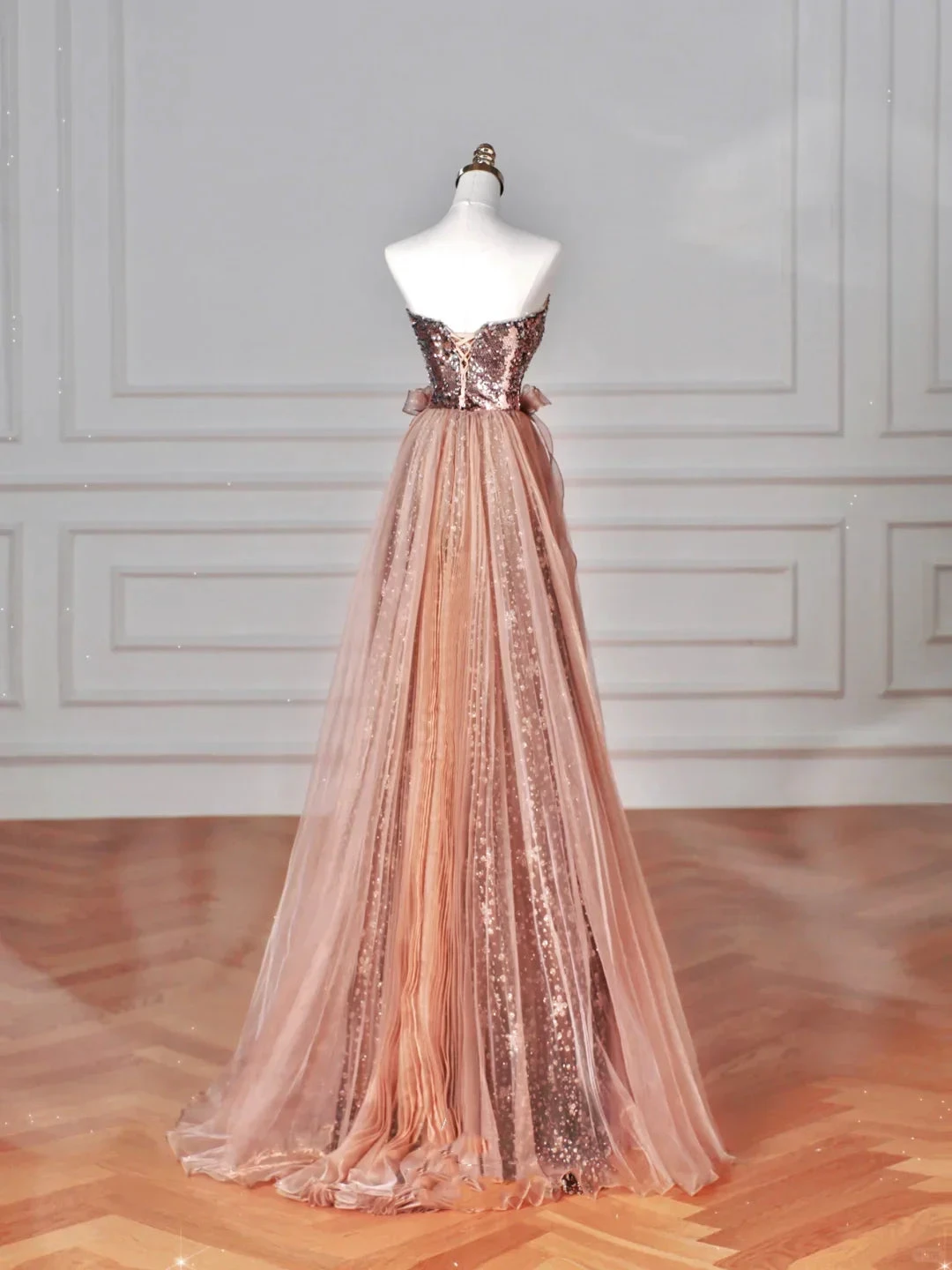 Vintage Rose Gold Strapless Tulle Sequins Beaded A Line Prom Dress Evening Dress Y8622 by simplepromdress