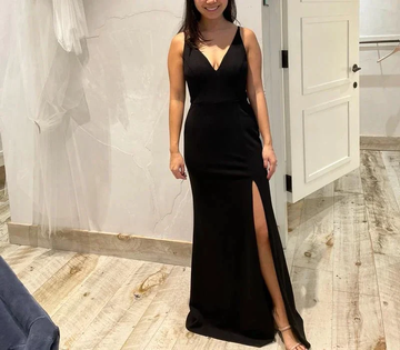 Classy V Neck Black Sleeveless Satin Prom Dress Side Slit Party Evening Dress Y8456 by simplepromdress