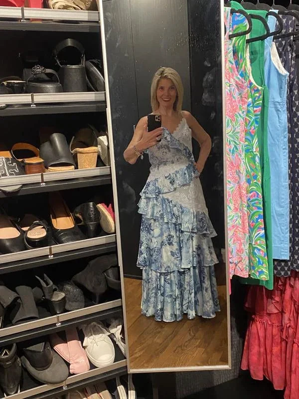 Gorgeous Blue Sleeveless V-Neck Lace Ruffle Tiered Evening Dress Formal Prom Dress Y8460 by simplepromdress
