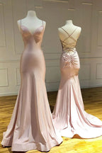Elegant blush pink satin evening gowns with spaghetti straps, front and back view, Zapdress