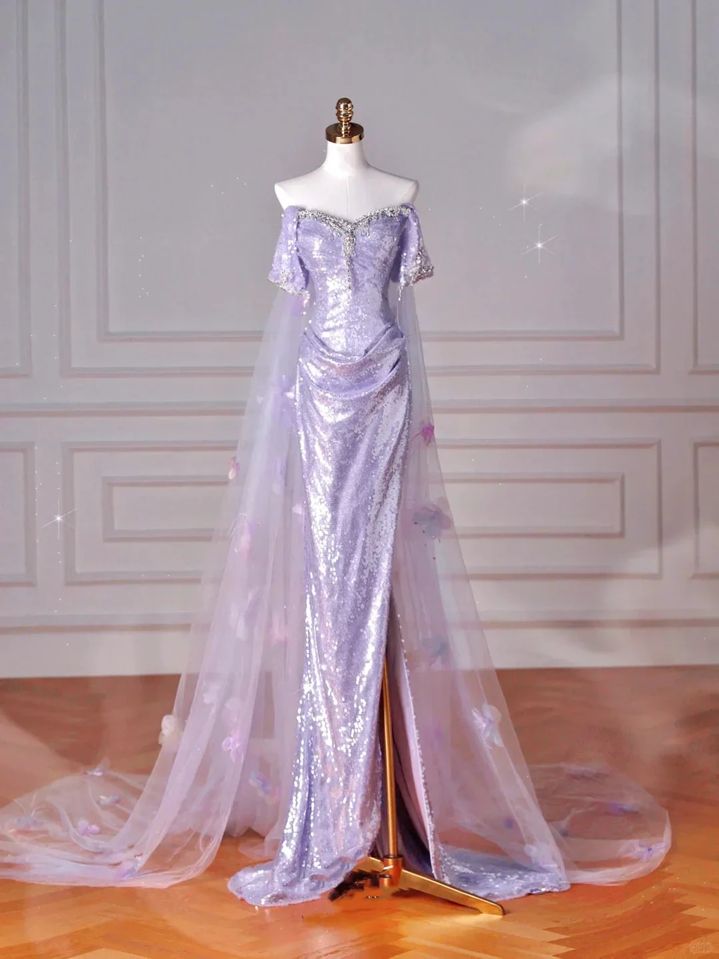 Glitter Lilac Sequin Tulle Beaded Mermaid Slit Evening Dress Off The Shoulder Tulle Appliques Prom Dress Y8632 by simplepromdress