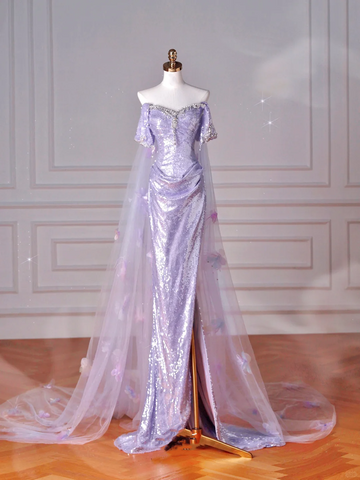 Glitter Lilac Sequin Tulle Beaded Mermaid Slit Evening Dress Off The Shoulder Tulle Appliques Prom Dress Y8632