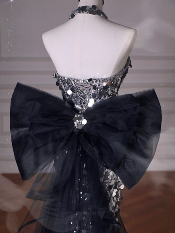Black Glitter Sequins Tulle Mermaid Prom Dress Strapless Evening Dress With Bow Y8615