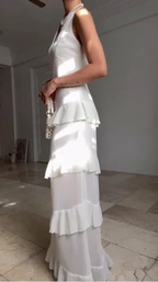 Simple White V Neck Chiffon Ruffle Prom Dress Backless Long Evening Dress Y8500 by simplepromdress