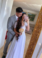 Vestido de Noiva Longo Elegante Branco com Mangas Curtas, Vestido Nupcial Branco Y7225