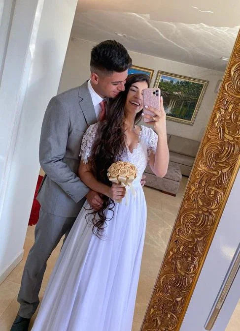 فستان زفاف طويل أنيق بأكمام قصيرة بيضاء، فستان عروس أبيض Y7225