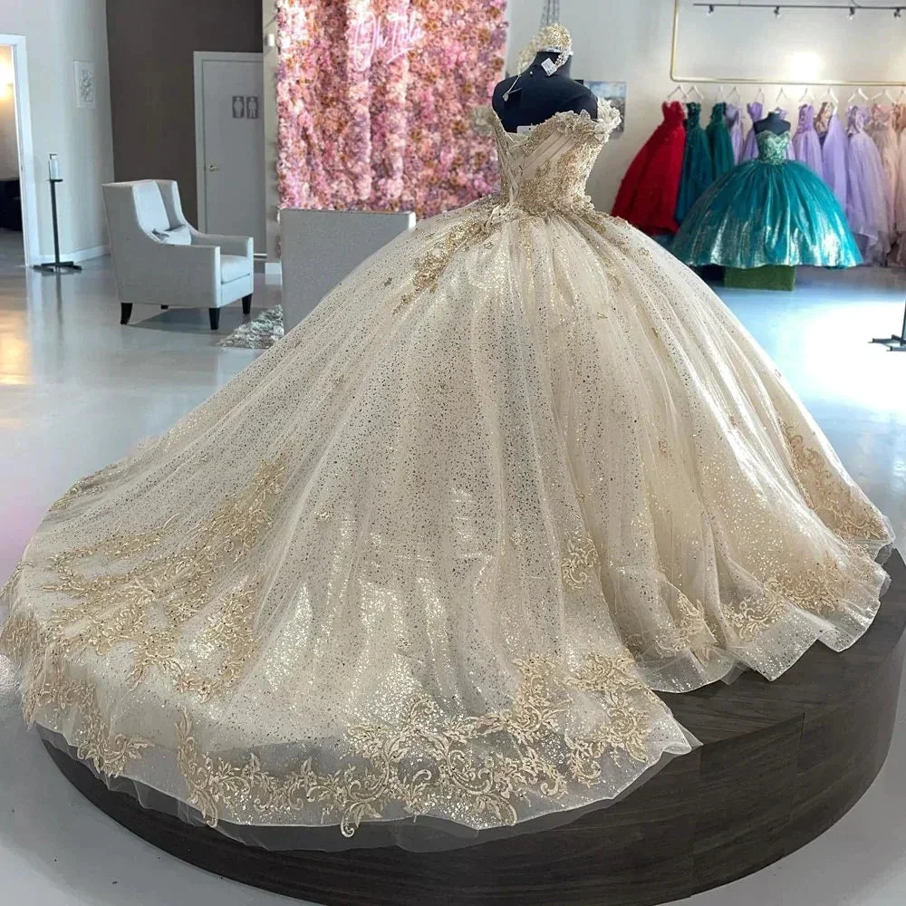 Sparkly Off Shoulder Champagne Quinceañera Dress Party Ball Gown Y2612 by simplepromdress