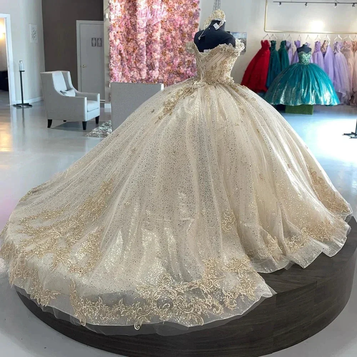 Sparkly Off Shoulder Champagne Quinceañera Dress Party Ball Gown Y2612 by simplepromdress