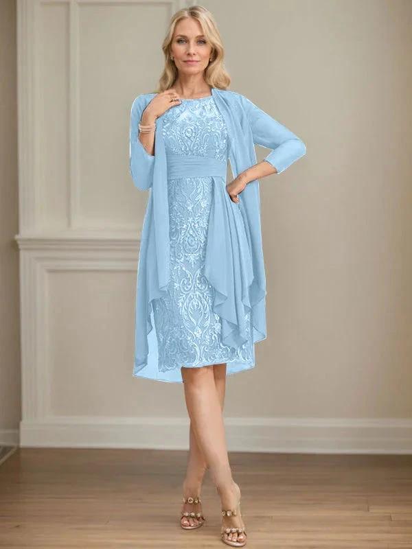 Sheath/Column Scoop Illusion Knee-Length Lace Chiffon Mother of the Bride Dress With Cascading Ruffles Sequins by Dreamylily