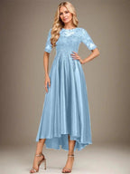 A-line Scoop Illusion Asymmetrical Stretch Satin Lace Mother of the Bride Dress With Sequins by Dreamylily