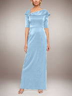 Long Shimmer Column Dress with Foldover Cuff L-Neckline and Elbow Sleeves