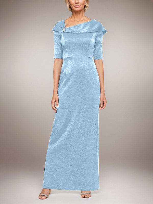 Long Shimmer Column Dress with Foldover Cuff L-Neckline and Elbow Sleeves