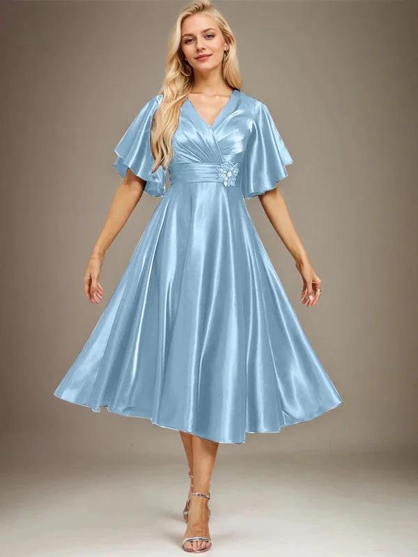 A-line V-Neck Tea-Length Stretch Satin Mother of the Bride Dress With Beading Pleated by Dreamylily