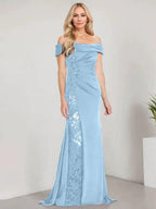 A-Line Off the Shoulder Floor-Length Mother of the Bride Dress Applique Beadings Mermaid Dress With High Split by Dreamylily