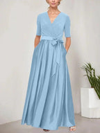 Surplice Neckline Ballgown with Full Satin Skirt & Jersey Bodice by Dreamylily