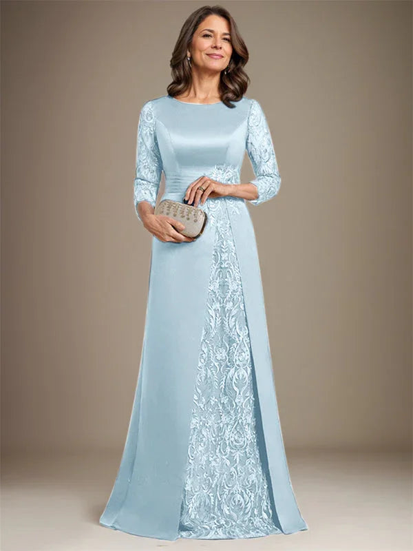 Vestido de madre de la novia de satén con encaje, corte A, largo hasta el suelo y apliques 