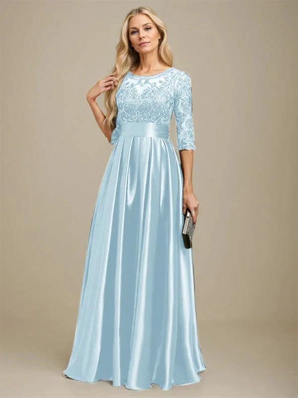 A-line Scoop Illusion Floor-Length Stretch Satin Lace Mother of the Bride Dress With Bow Sequins by Dreamylily