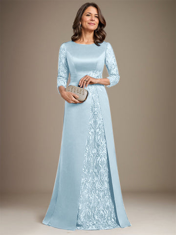 A-Linie U-Ausschnitt Bodenlang Spitze Satin Kleid für die Brautmutter mit Applikation 