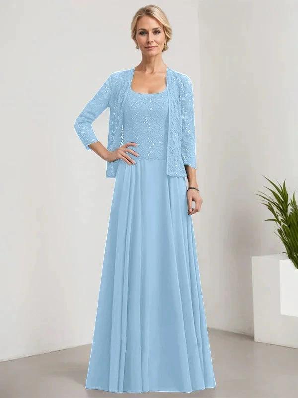 A-line Square Floor-Length Lace Chiffon Mother of the Bride Dress With Sequins by Dreamylily