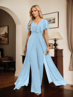 Jumpsuit/Pantsuit V-Neck Floor-Length Chiffon Evening Dress