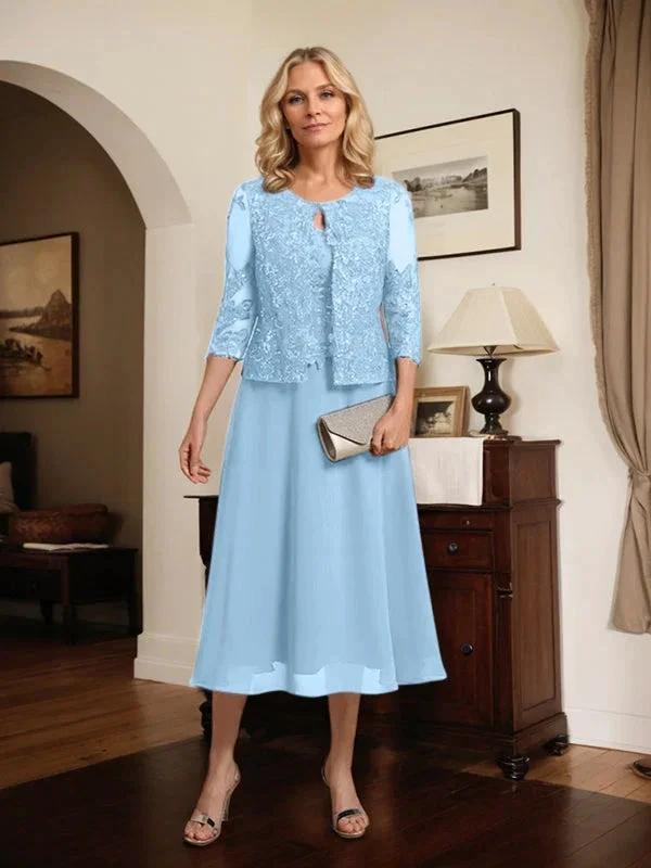 A-line Scoop Tea-Length Lace Chiffon Mother of the Bride Dress With Sequins by Dreamylily