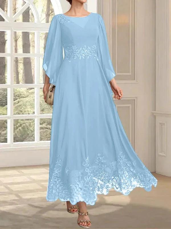 A-line Scoop Illusion Ankle-Length Lace Chiffon Mother of the Bride Dress With Sequins by Dreamylily
