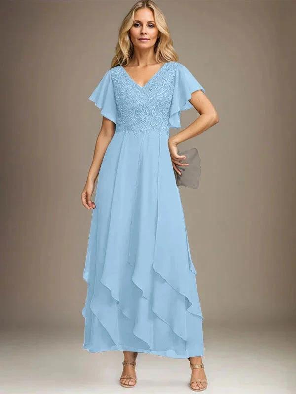 A-line V-Neck Ankle-Length Lace Chiffon Mother of the Bride Dress With Cascading Ruffles by Dreamylily