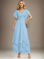 A-line V-Neck Ankle-Length Lace Chiffon Mother of the Bride Dress With Cascading Ruffles by Dreamylily
