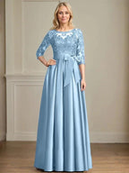A-line Scoop Illusion Floor-Length Satin Lace Mother of the Bride Dress With Sequins Bow by Dreamylily