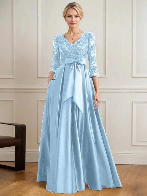 A-line V-Neck Floor-Length Satin Lace Mother of the Bride Dress With Sequins Bow by Dreamylily