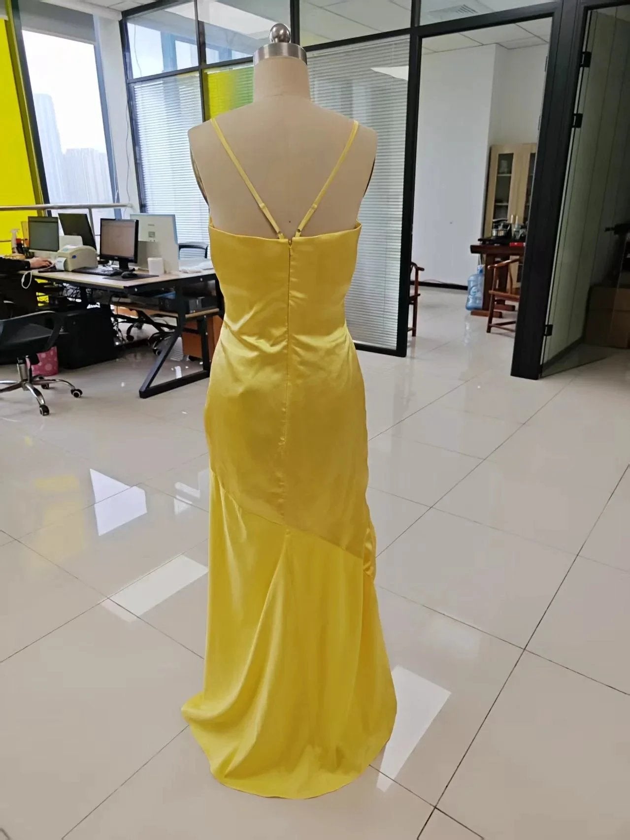 Spaghetti Strap Satin Prom Dresses Long A Line Pleated Corset Bridesmaid Formal Dress with Slit by Sunnderly