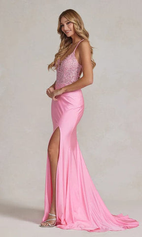 Vestido de fiesta rosa con escote de encaje SYP56