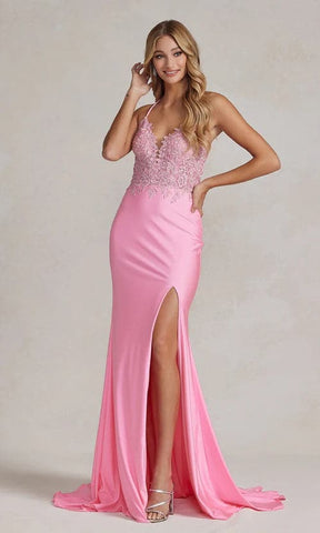 Vestido de fiesta rosa con escote de encaje SYP56