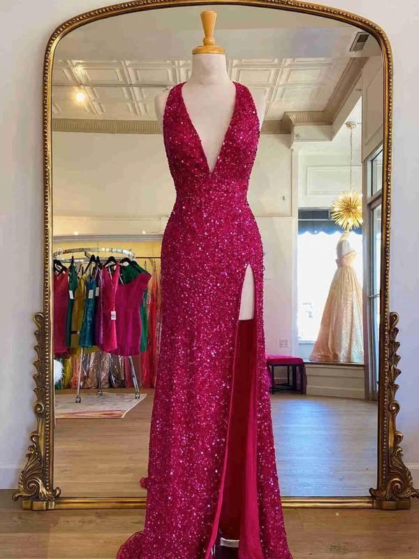 Sunnderly Backless Red Sequins Prom Gown With Slit SYP96 by vivymakudress