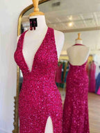 Sunnderly Backless Red Sequins Prom Gown With Slit SYP96 by vivymakudress