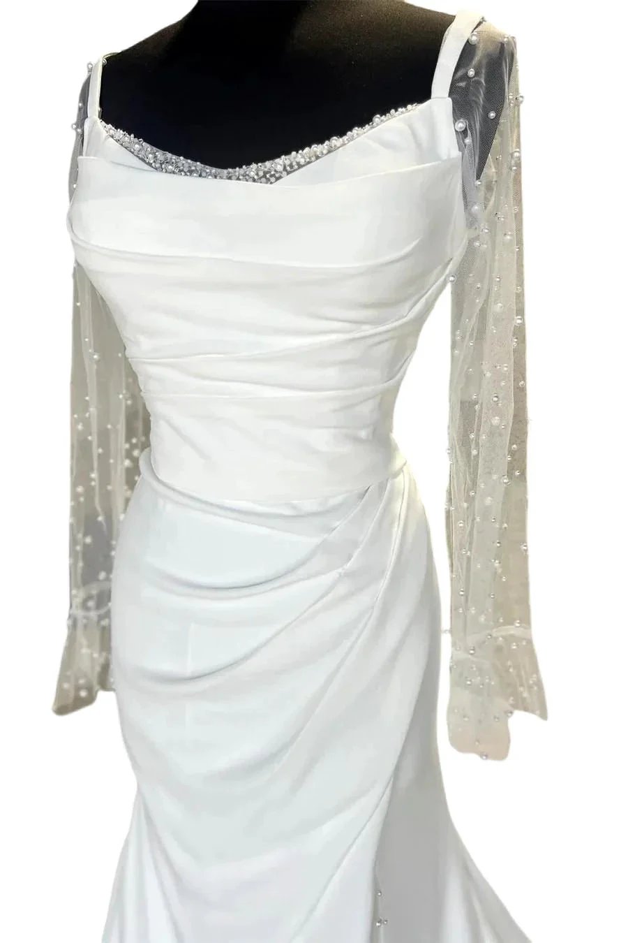 Backless Ruched White Wedding Dress with Detachable Sleeves WD718 by pgmdress