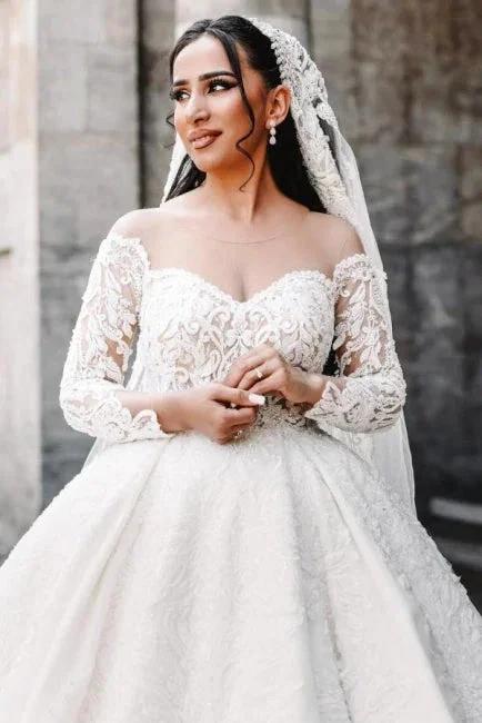 Ball Gown Sweetheart Long Sleeve Floor-Length Stain Wedding Dresses with Lace by misshow.com