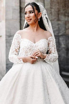 Ball Gown Sweetheart Long Sleeve Floor-Length Stain Wedding Dresses with Lace by misshow.com